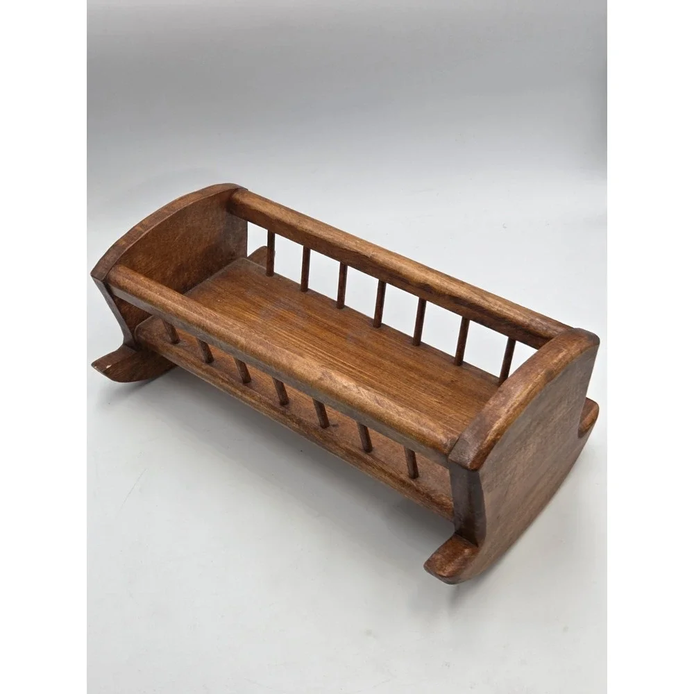 Vintage Hand Crafted Wooden Doll Rocking Cradle Bassinet 13 x 6 x 6 in Signed
